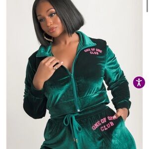 Rebdolls One of One Club Emerald Green Velvet Velour Zip Up Cropped Sweatshirt